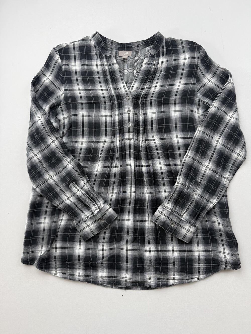 J. Jill Blouse Womens M Black Plaid Henley Long Sleeve Tunic Top Lightweight